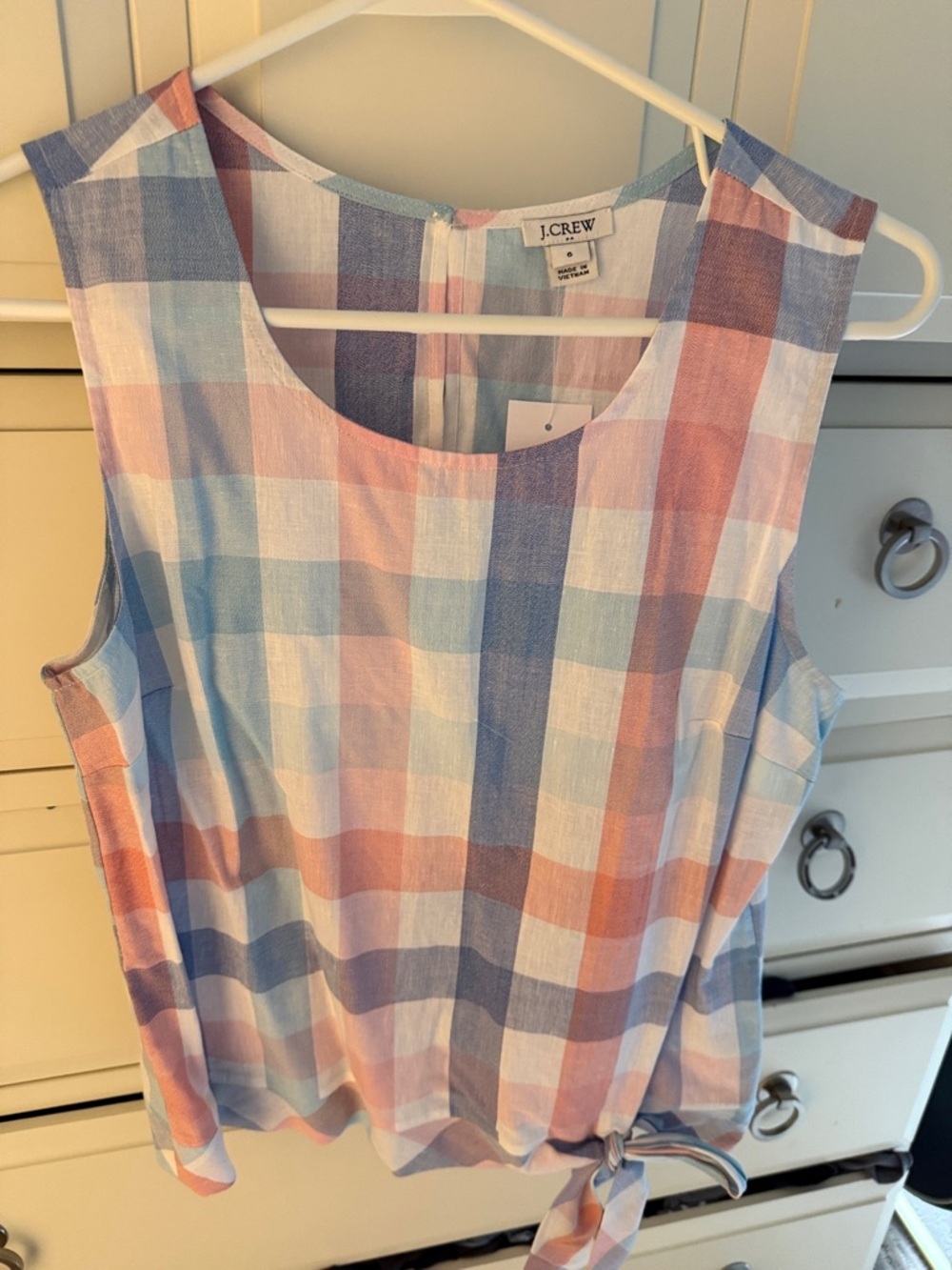 J. Crew Pastel Gingham Tie-Front Tank in Blue, Pink & White